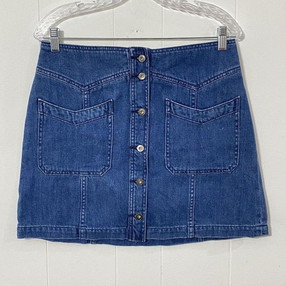 FREE PEOPLE Women’s Skirt Size 8 Blue Jean Denim Button Front POCKETS Mini
